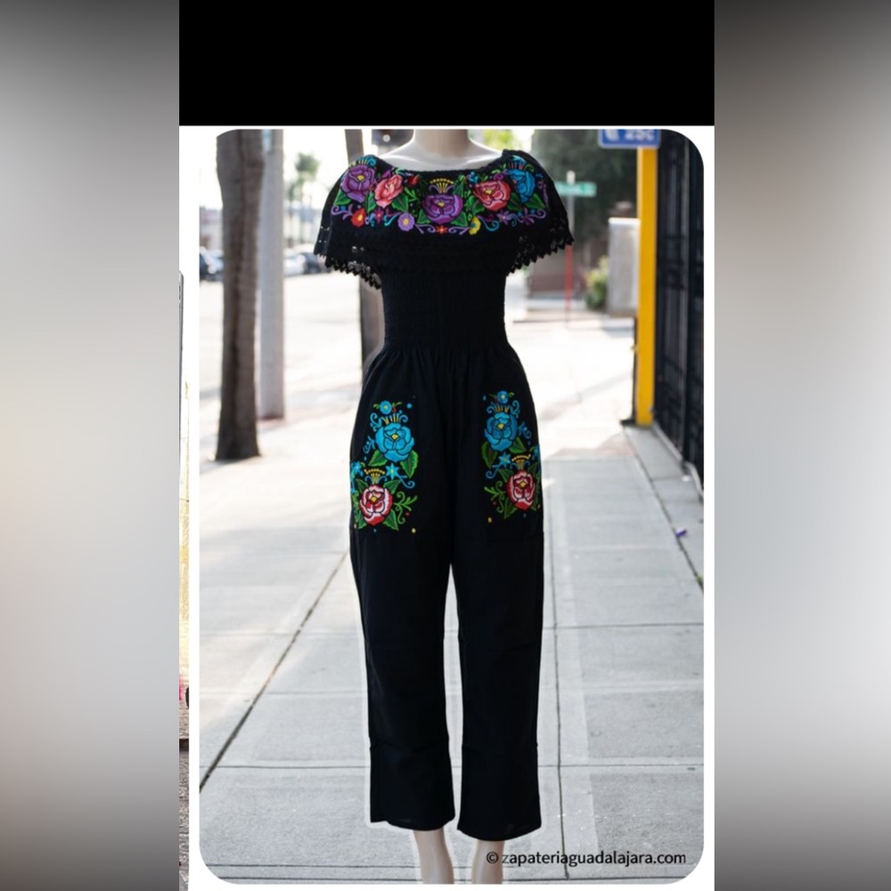 Mexican embroidered floral cotton off shoulder jumpsuit size L stretches.